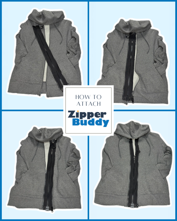 How to attach ZipperBuddy to a jacket, four-step photo collage on a gray jacket