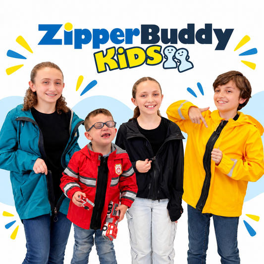 Four kids in colorful jackets zipped with ZipperBuddy Kids magnetic zipper adapters