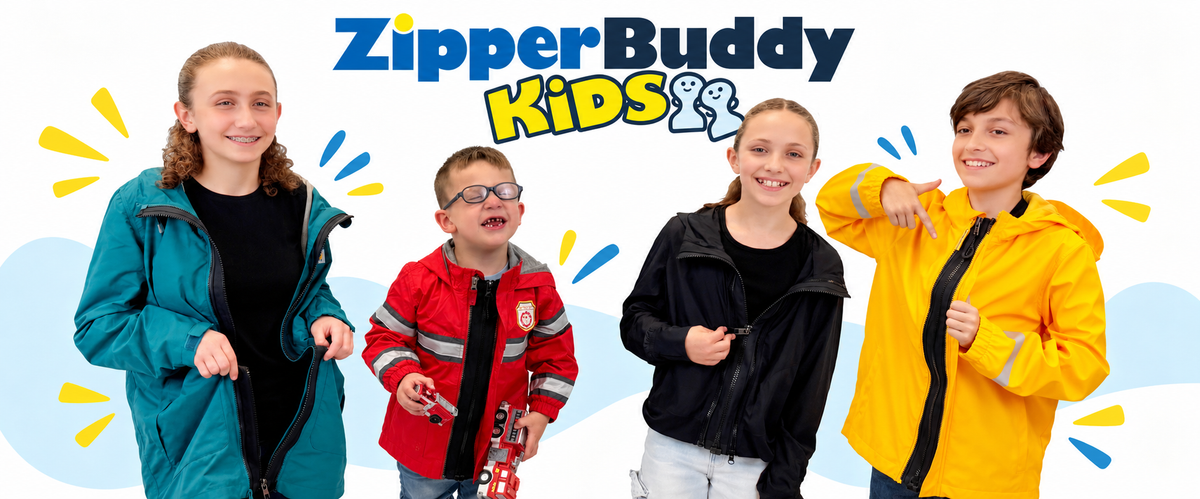ZipperBuddy Kids banner: four smiling kids in teal, red, black and yellow jackets showing off their zippers
