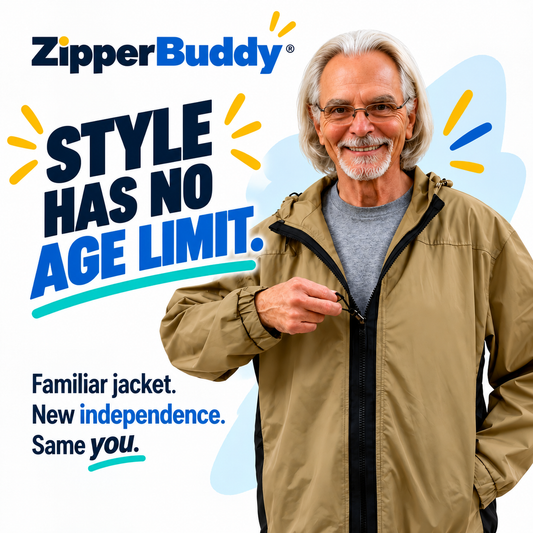Smiling man with gray hair in a tan jacket zipped with a ZipperBuddy, next to the words Style Has No Age Limit