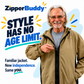 Smiling man with gray hair in a tan jacket zipped with a ZipperBuddy, next to the words Style Has No Age Limit
