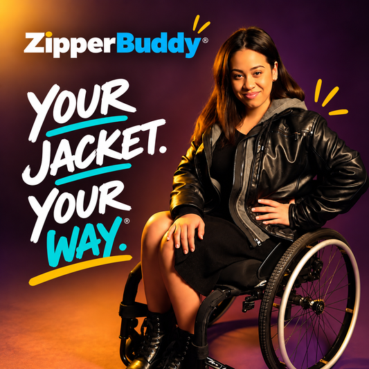 Woman using a wheelchair, wearing a black leather jacket, next to the ZipperBuddy logo and the words Your Jacket. Your Way.