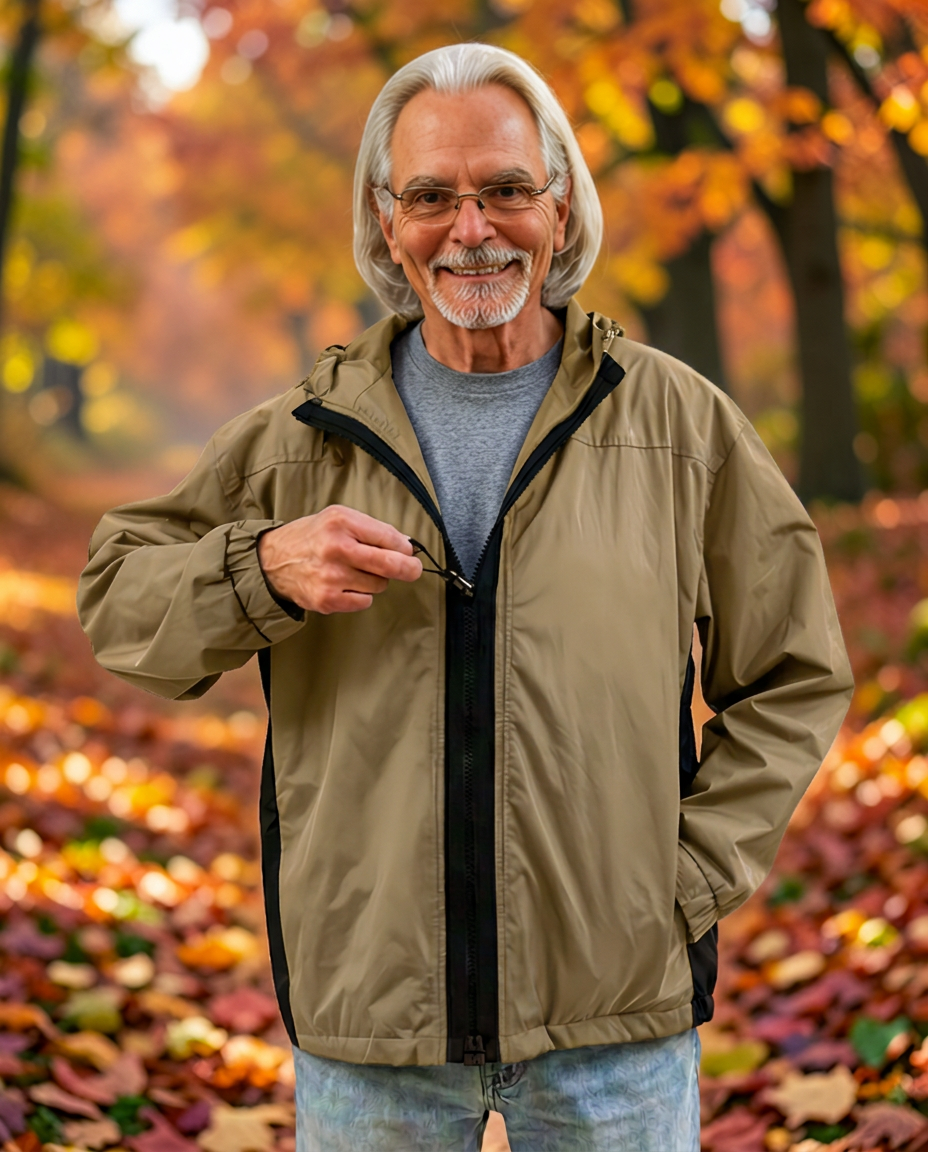 Smiling man with gray hair in a tan jacket zipped with a ZipperBuddy, standing among autumn leaves