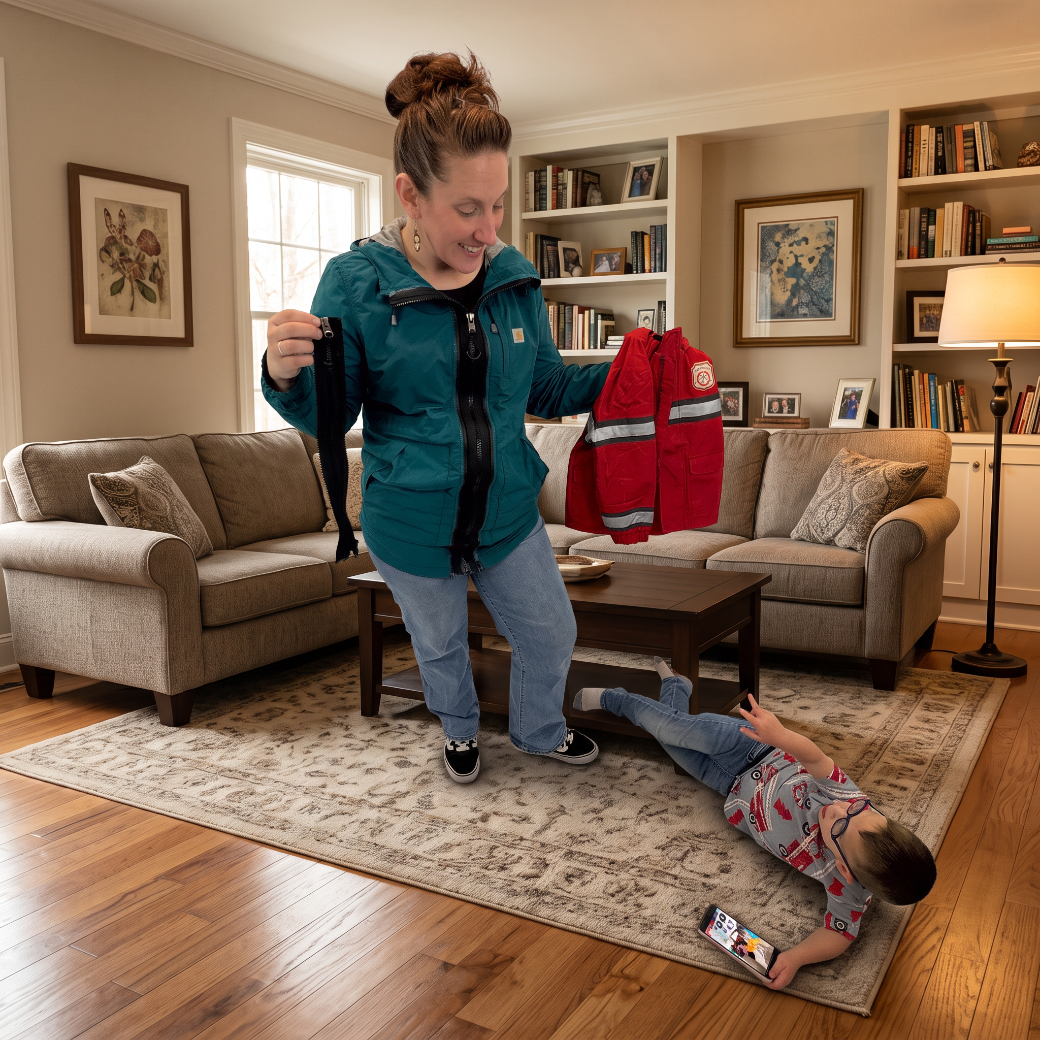 A mom holding a ripped-out zipper and a kid's jacket while her son lies on the floor