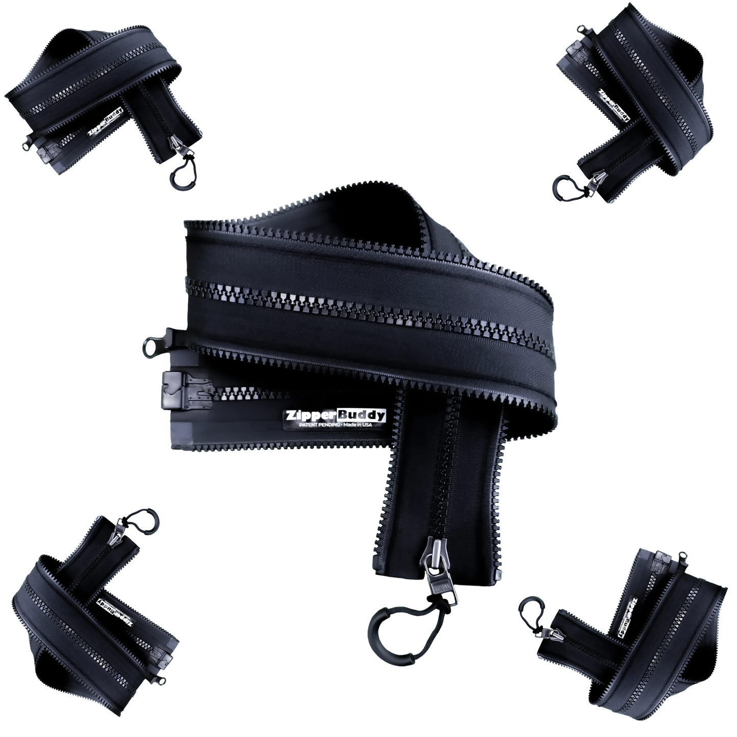 ZipperBuddy Kids magnetic zipper adapter shown from several angles on a white background