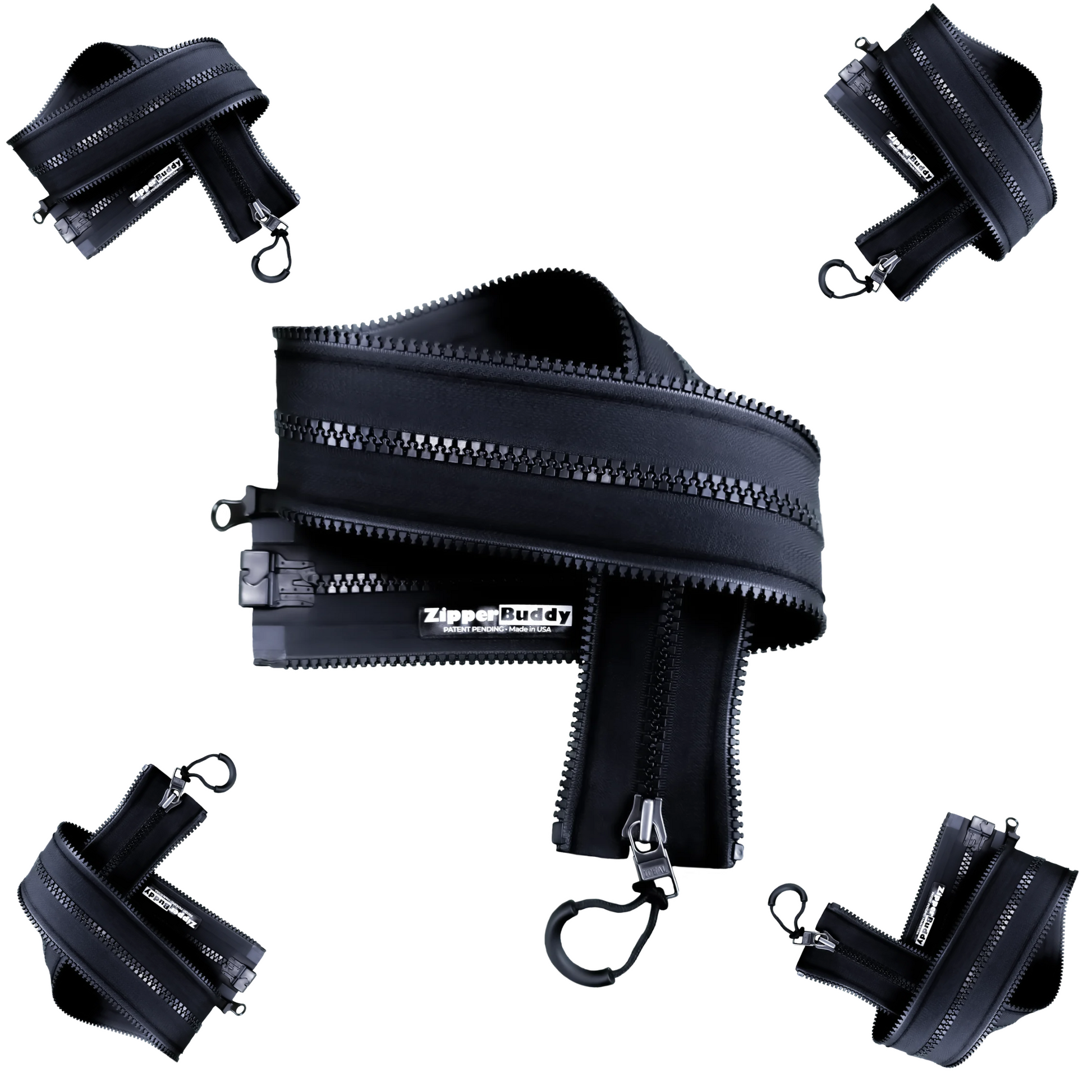 ZipperBuddy Kids magnetic zipper adapter shown from several angles on a white background